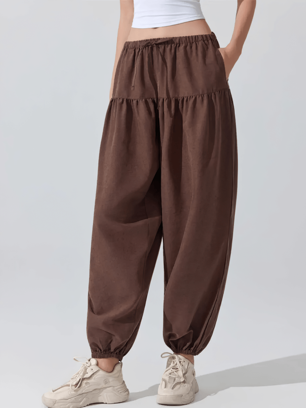 Alt Tag: Female Elastic Waist Harem Jogger Yoga Pants - SF4307 brown loose full-length harem jogger with gathered cuffs, studio-ready