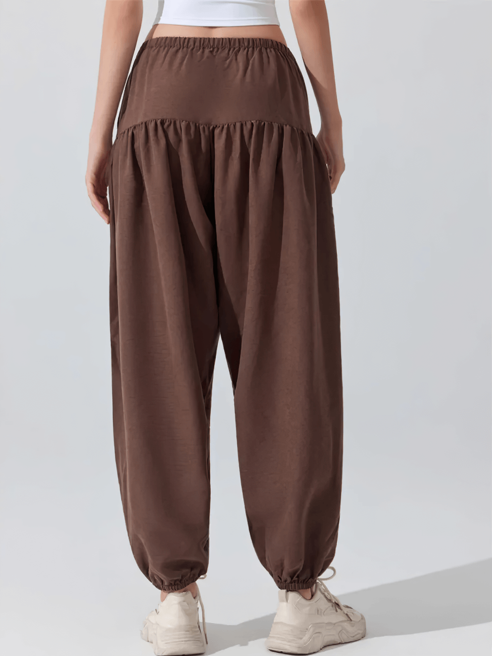 Female Elastic Waist Harem Jogger Yoga Pants - SF4307 back view, brown loose full-length harem joggers with elastic waist and cuffs
