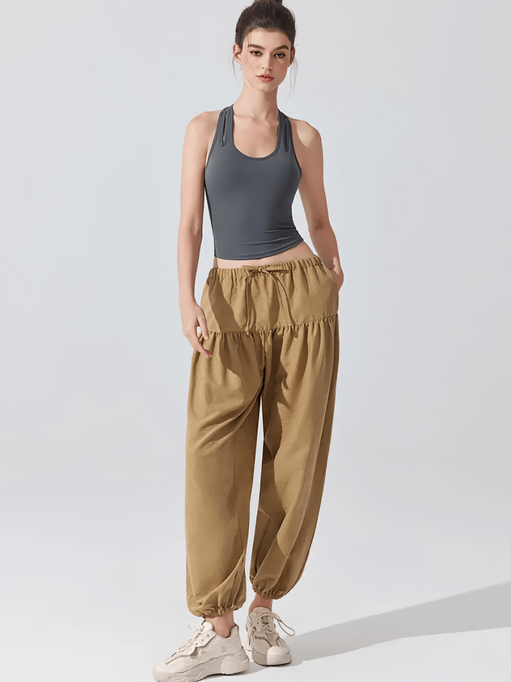 Alt Tag: Female Elastic Waist Harem Jogger Yoga Pants - SF4307 loose full-length harem jogger yoga pants with elastic waist and gathered cuffs