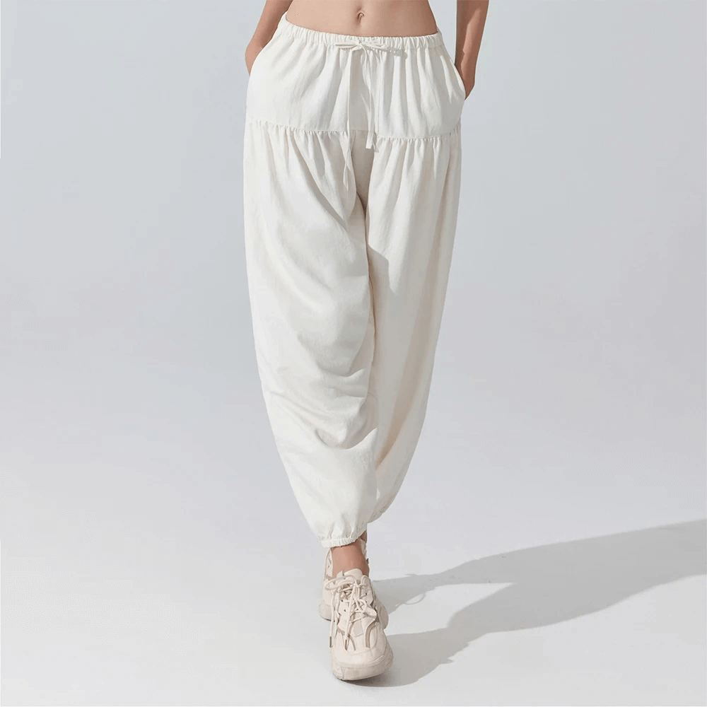Alt Tag: Female Elastic Waist Harem Jogger Yoga Pants - SF4307 white full-length loose harem jogger pants with elastic waist and gathered cuffs