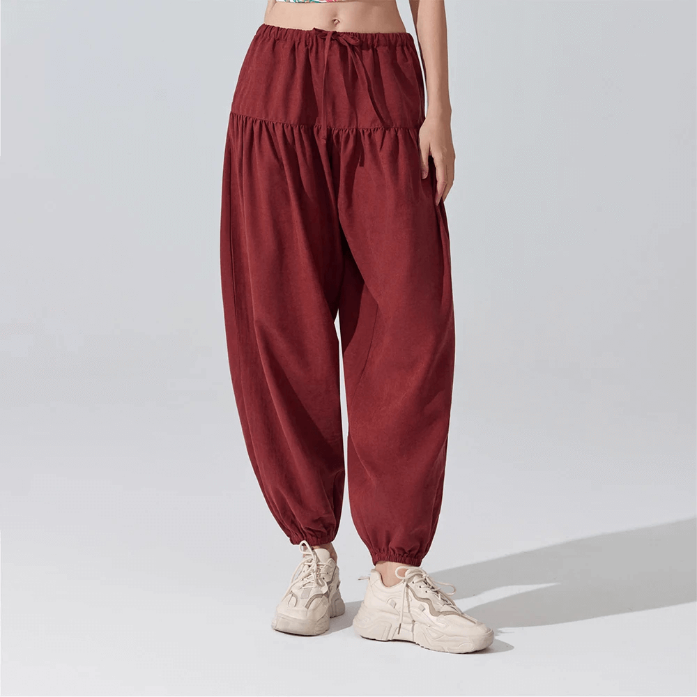 Alt Tag: Female Elastic Waist Harem Jogger Yoga Pants - SF4307 in burgundy, loose full-length harem joggers with elastic waist and cuffs