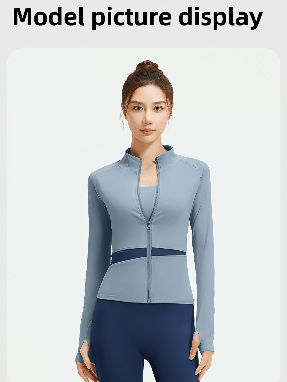 Female Full-Zip Sport Jacket with Thumbholes - SF4049 in blue, front view showcasing thumbholes and spliced panels for yoga and gym.