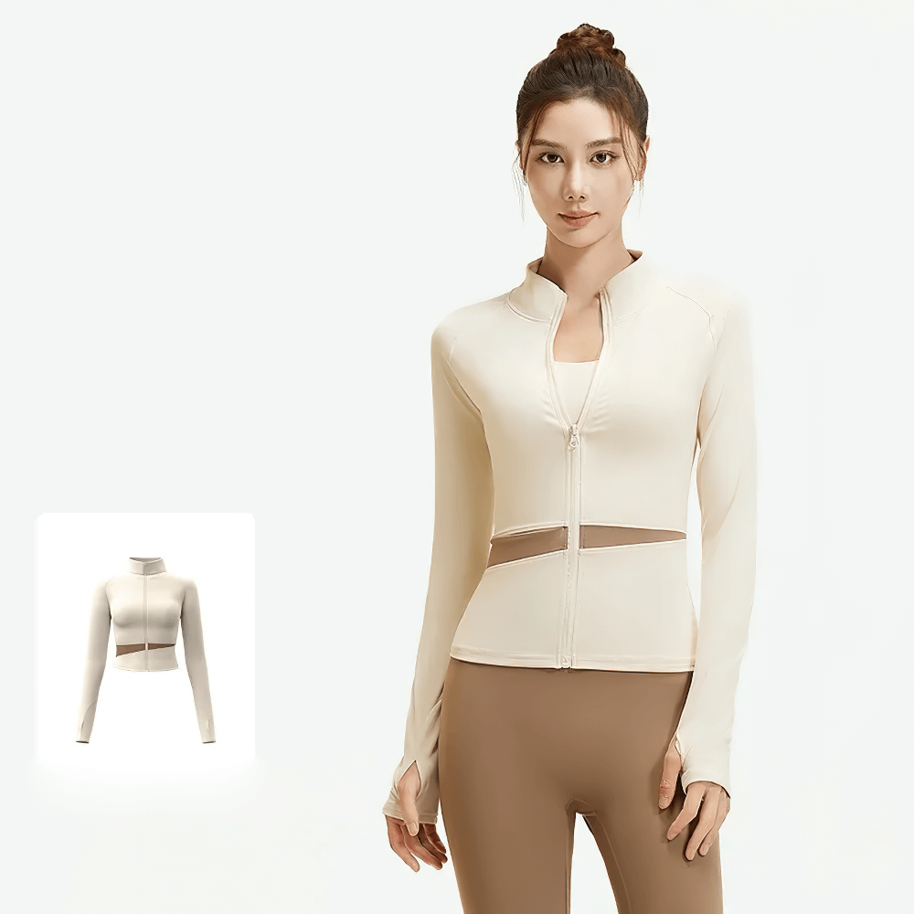 Female Full-Zip Sport Jacket with Thumbholes - SF4049 on model showcasing stretchy fit and spliced color-block design.