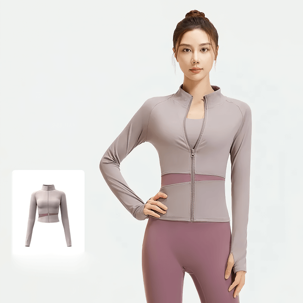 Female Full-Zip Sport Jacket with Thumbholes - SF4049 in grey, spliced panels, long sleeves, turtleneck, ideal for yoga, gym, and travel.