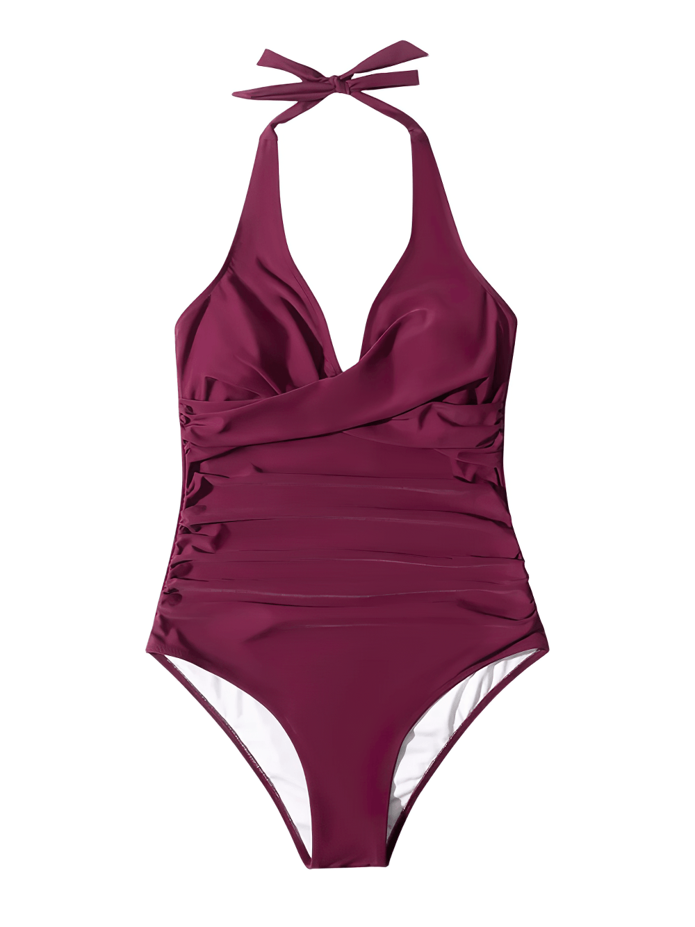 Female Halter One-Piece Swimsuit with Ruched Waist - SF4550 in a rich burgundy color.