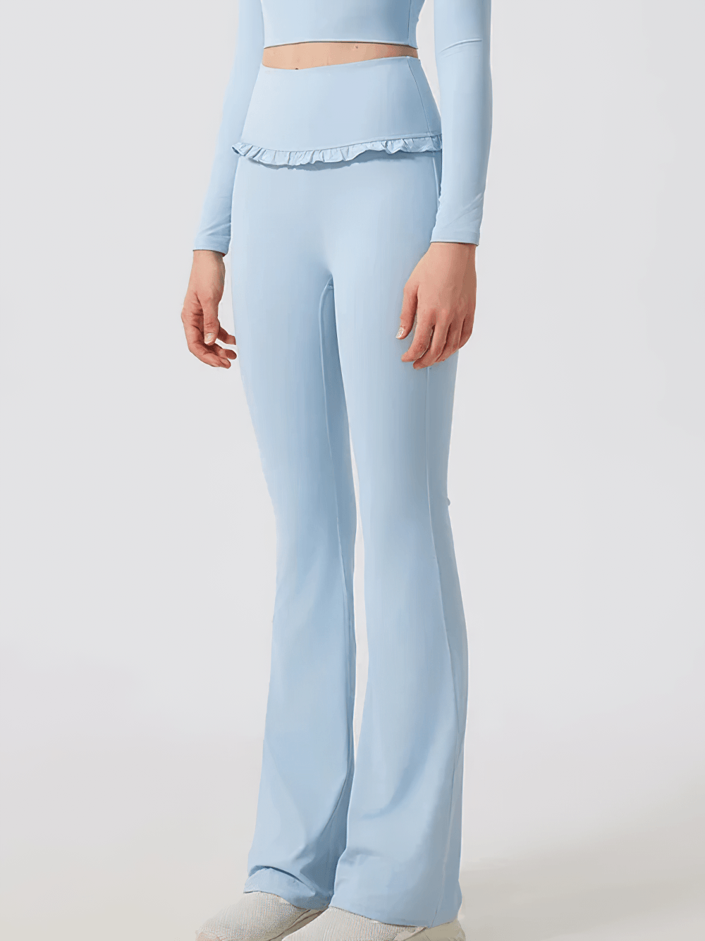 Alt Tag: Female High Waist Flare Yoga Pants with Ruffle Trim - SF4472 light blue wide-leg high-waist flare leggings with ruffle waistband