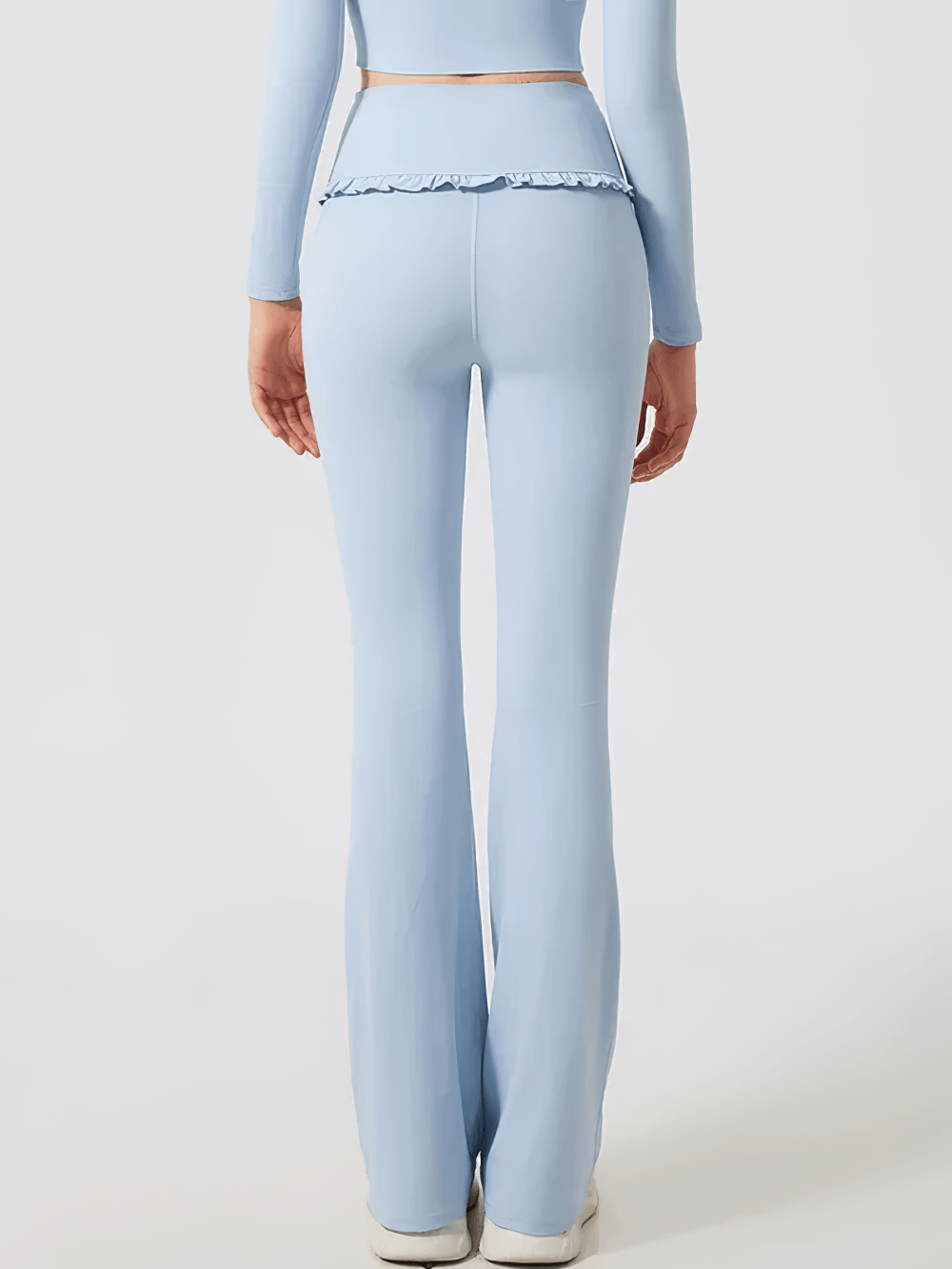 Alt Tag: Female High Waist Flare Yoga Pants with Ruffle Trim - SF4472 back view, light blue wide-leg flare leggings with ruffle waist