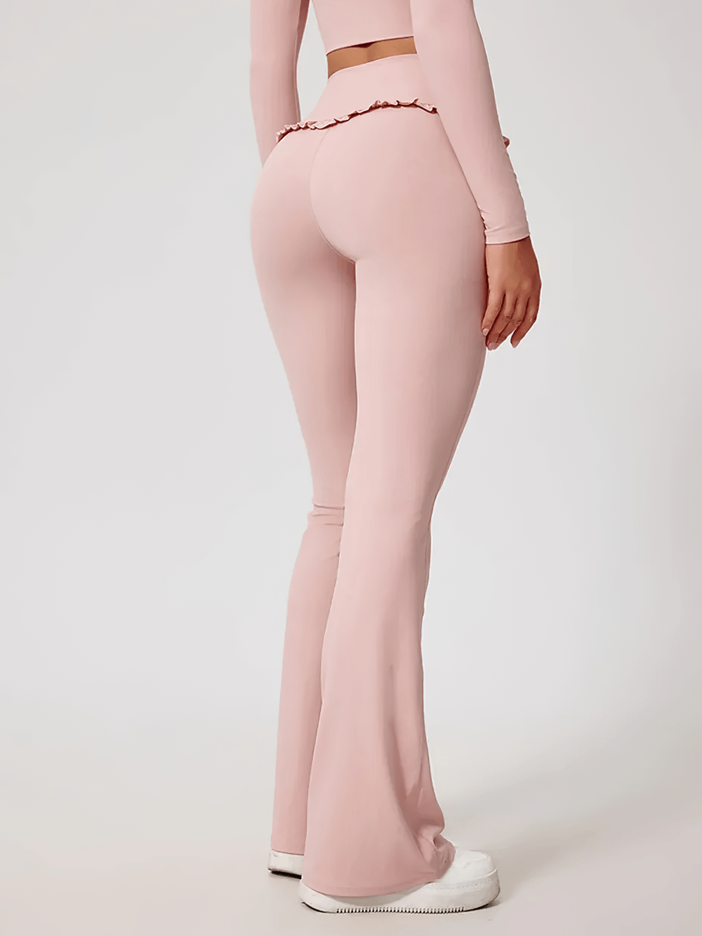 Alt Tag: Female High Waist Flare Yoga Pants with Ruffle Trim - SF4472 pink flared wide-leg high-waist leggings with ruffle waistband