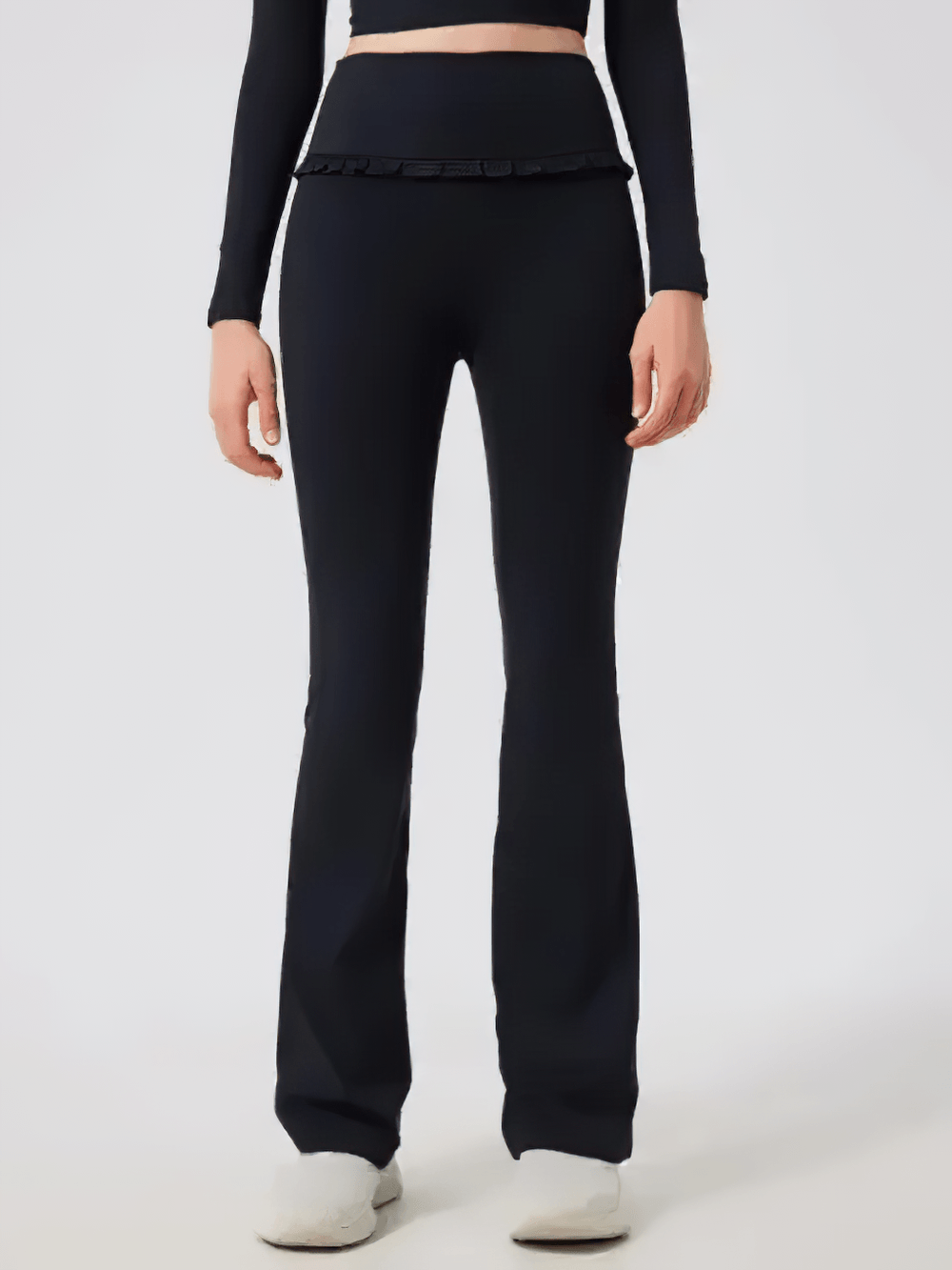 Alt Tag: Female High Waist Flare Yoga Pants with Ruffle Trim - SF4472 black high-waist wide-leg flare yoga pants with ruffle waistband