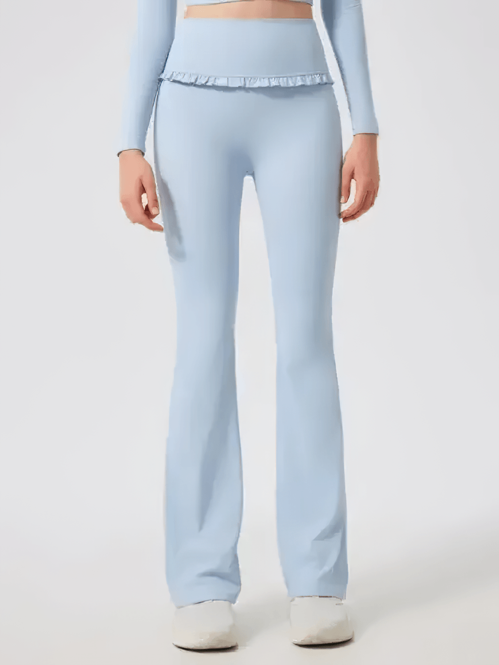 Alt Tag: Female High Waist Flare Yoga Pants with Ruffle Trim - SF4472 light blue flared high-waist leggings with ruffle waistband