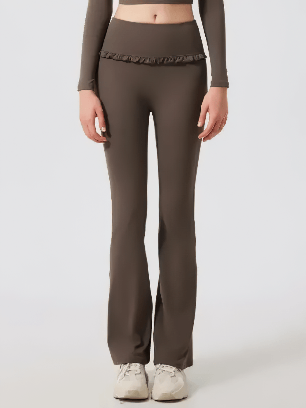 Female High Waist Flare Yoga Pants with Ruffle Trim - SF4472 full-length wide leg flare leggings with ruffle waist trim, front view