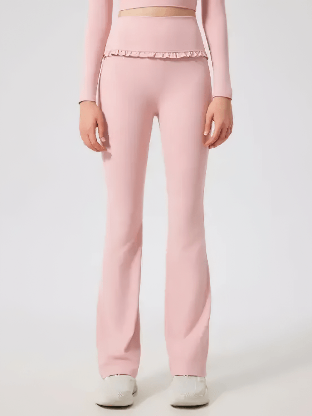 Female High Waist Flare Yoga Pants with Ruffle Trim - SF4472 pink high-waist flared wide-leg yoga pants with ruffle waistband