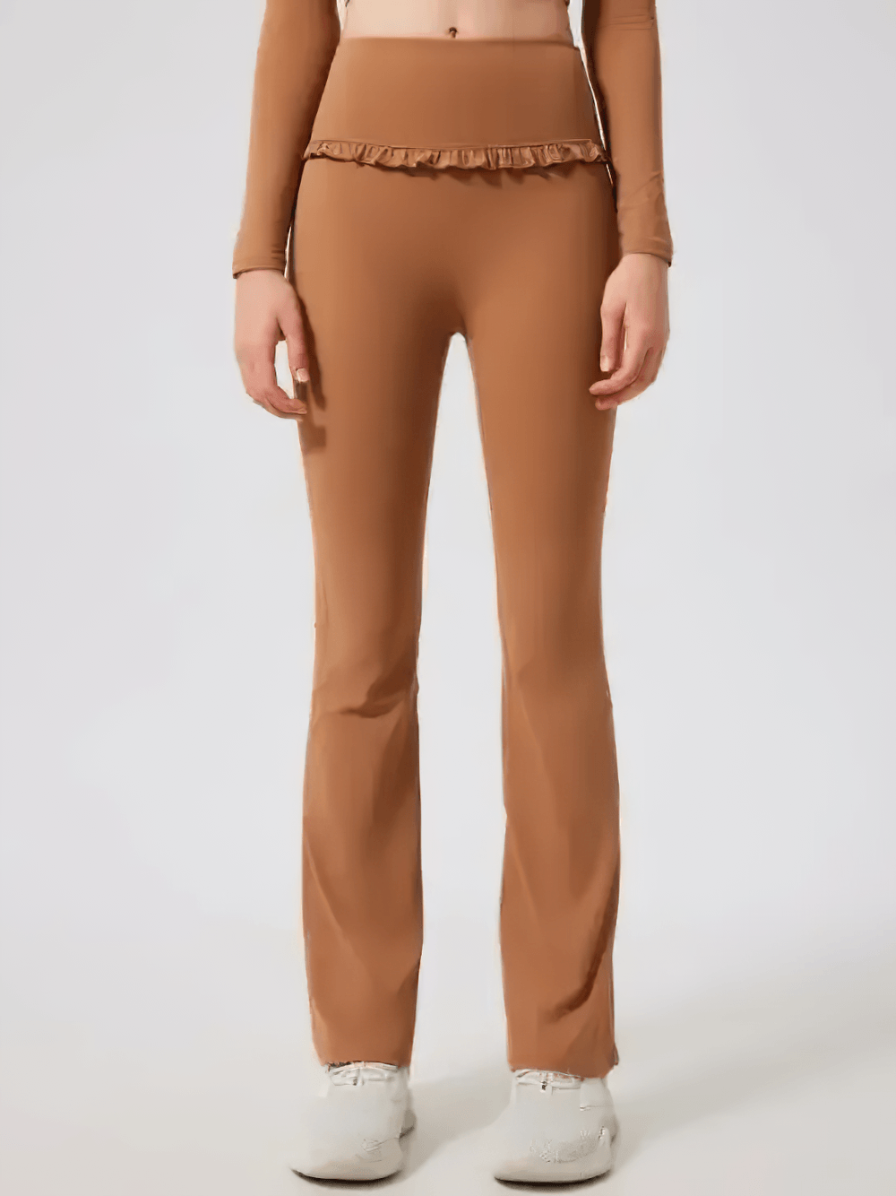 Alt Tag: Female High Waist Flare Yoga Pants with Ruffle Trim - SF4472 brown full-length flared wide leg high-waist leggings front view