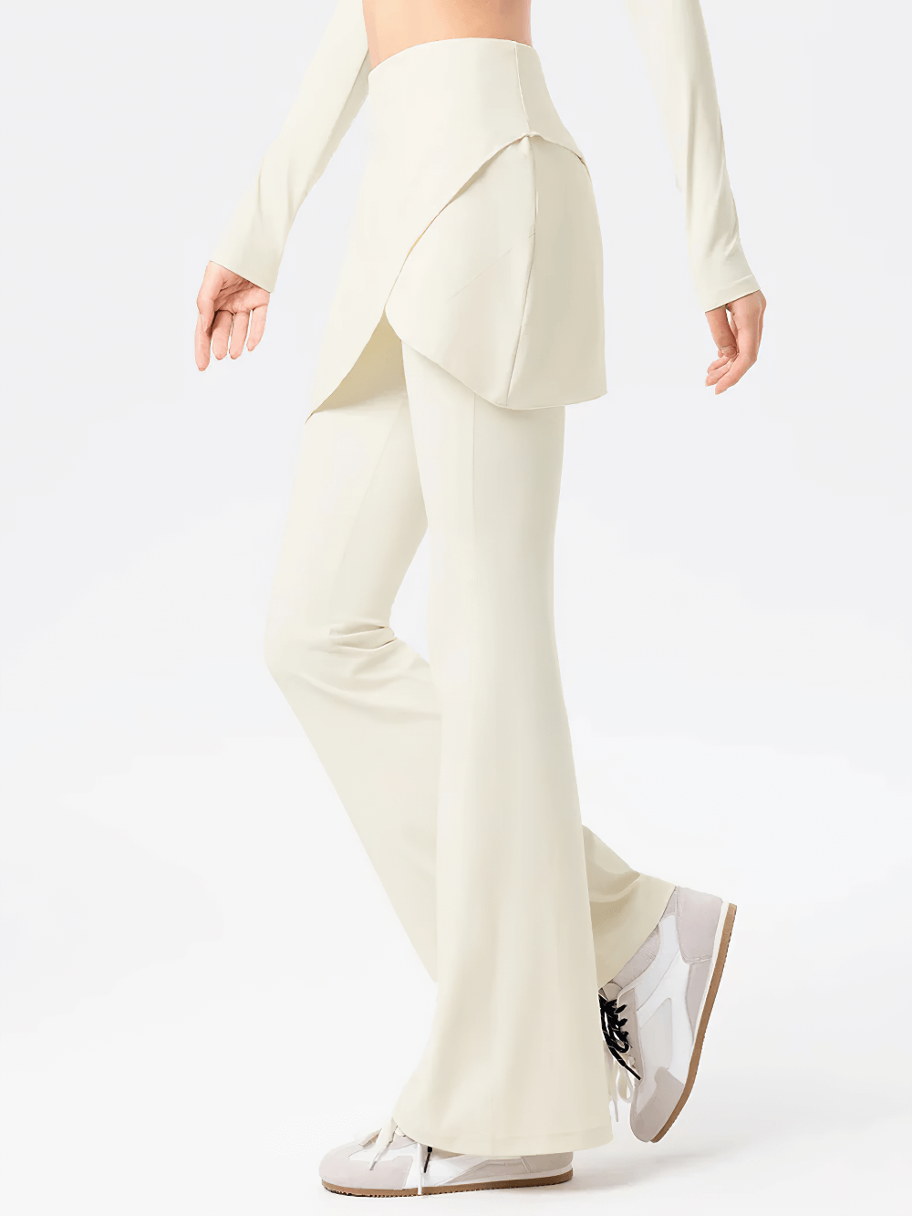 Alt Tag: Female High-Waist Skirted Flare Yoga Pants - SF4401 cream wrap skort overlay bell-bottom leggings, side view for yoga flow