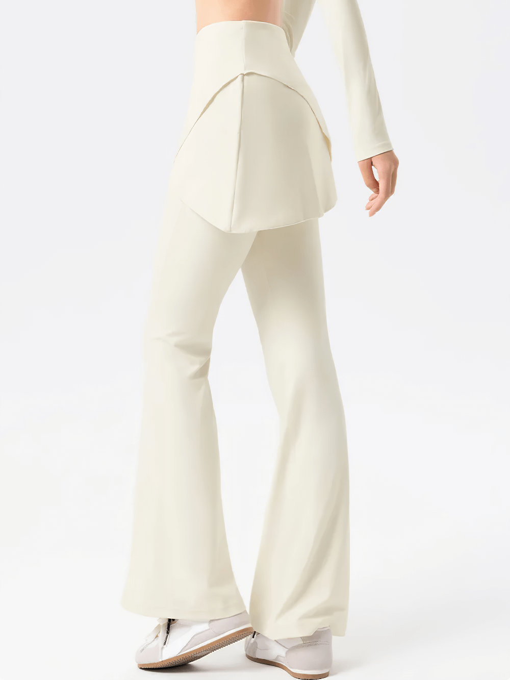 Alt Tag: Female High-Waist Skirted Flare Yoga Pants - SF4401 in cream with wrap skort overlay, high waist and bell-bottom flare legs
