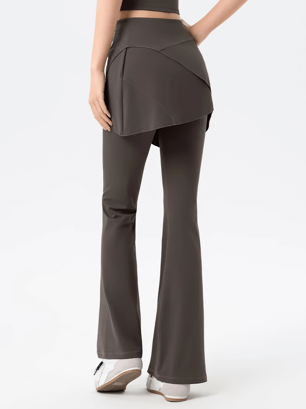 Alt Tag: Female High-Waist Skirted Flare Yoga Pants - SF4401 black wrap skort flare leggings back view, high waist bell-bottom yoga pants