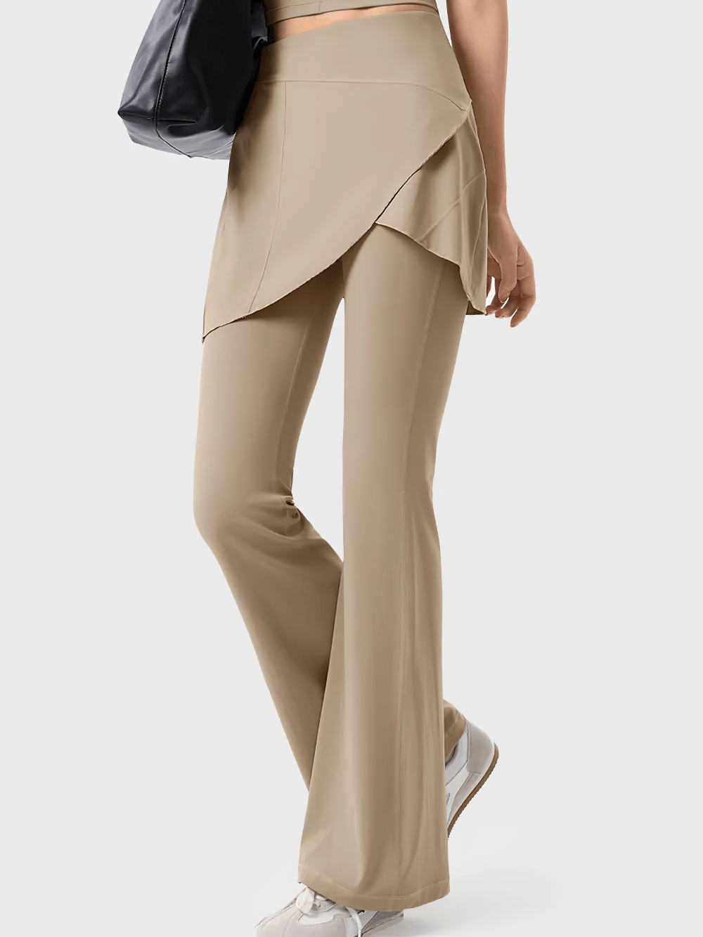 Alt Tag: Female High-Waist Skirted Flare Yoga Pants - SF4401 beige wrap skort overlay bell-bottom leggings, high-rise waist, studio-ready flow