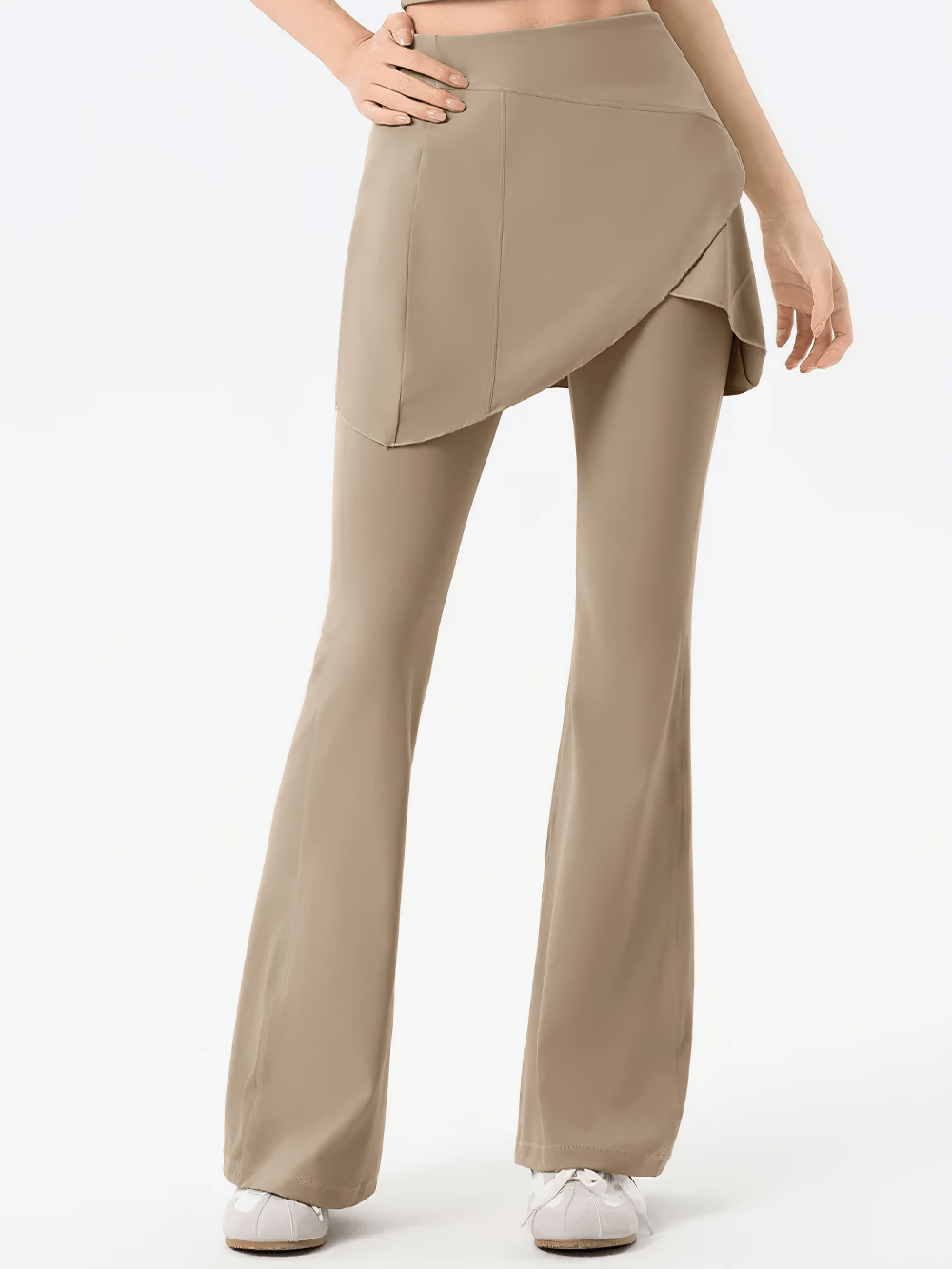 Alt Tag: Female High-Waist Skirted Flare Yoga Pants - SF4401 beige wrap skort overlay bell-bottom leggings, high-rise waist