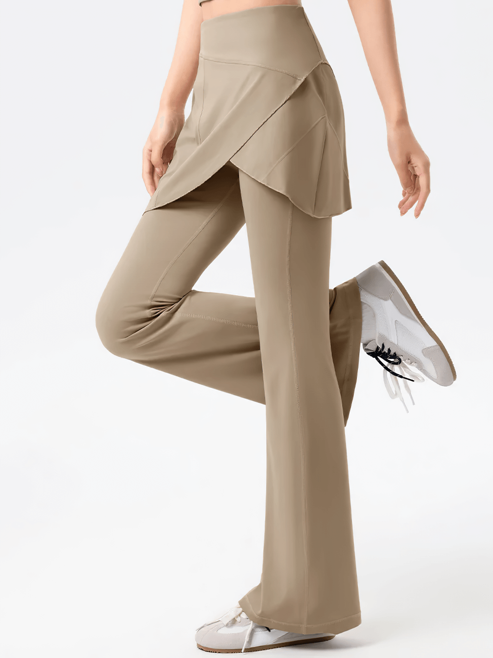Alt Tag: Female High-Waist Skirted Flare Yoga Pants - SF4401 in taupe with wrap skort overlay and bell-bottom legs, side pose