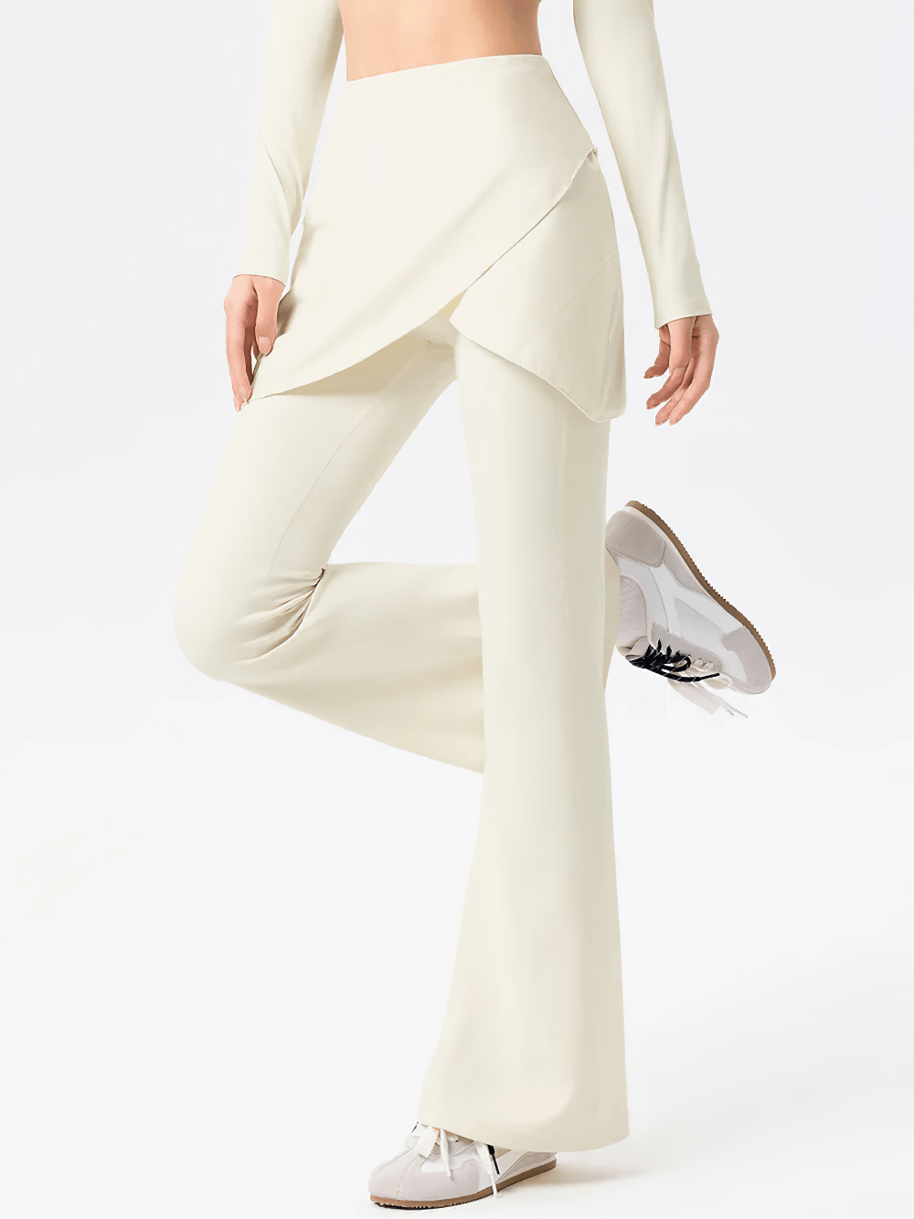 Alt Tag: Female High-Waist Skirted Flare Yoga Pants - SF4401 cream wrap skort bell-bottom leggings, high-rise elastic waist, studio-to-street flow