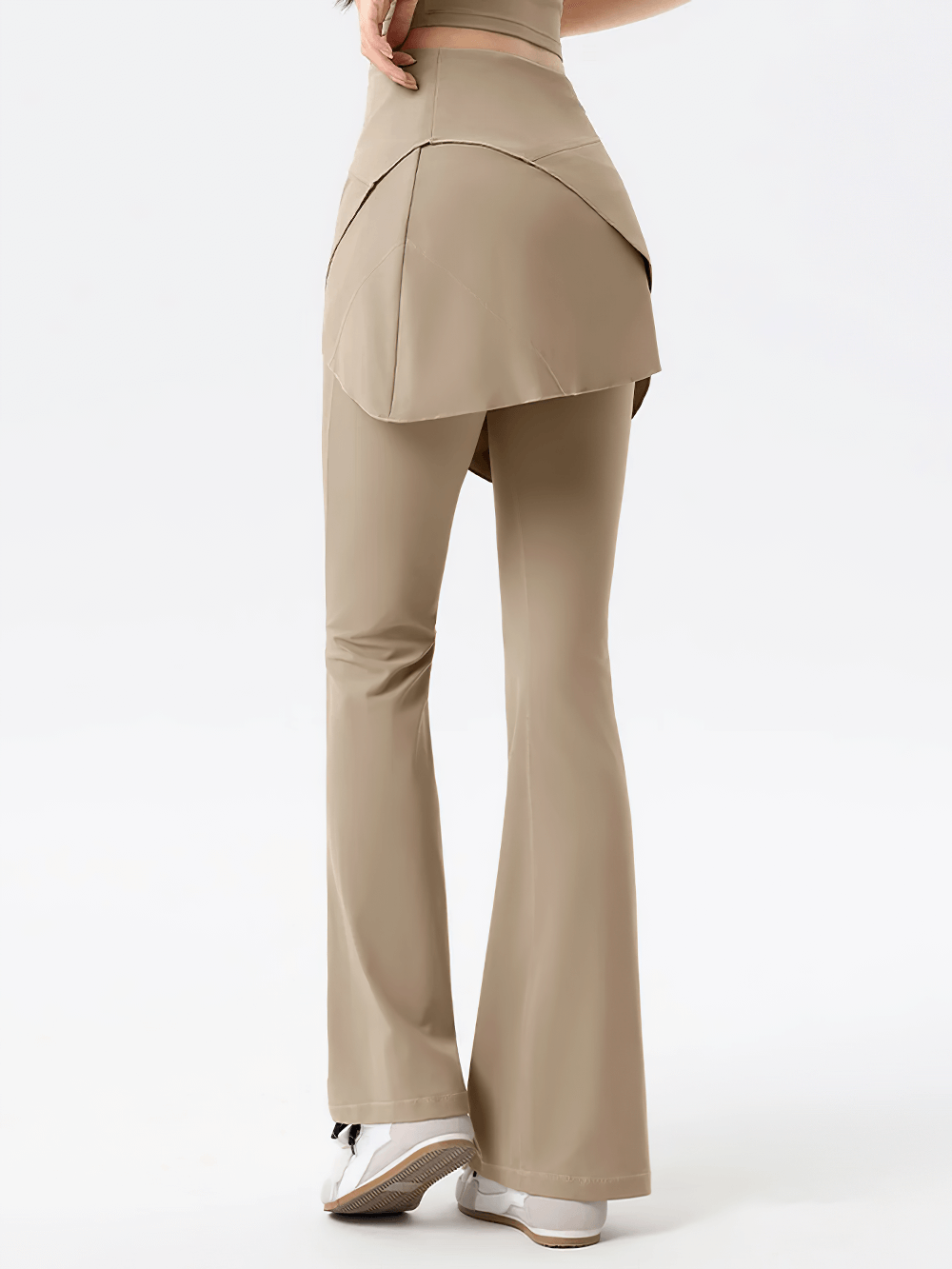 Alt Tag: Female High-Waist Skirted Flare Yoga Pants - SF4401 beige wrap skort bell-bottom leggings, high-waist full length, back view