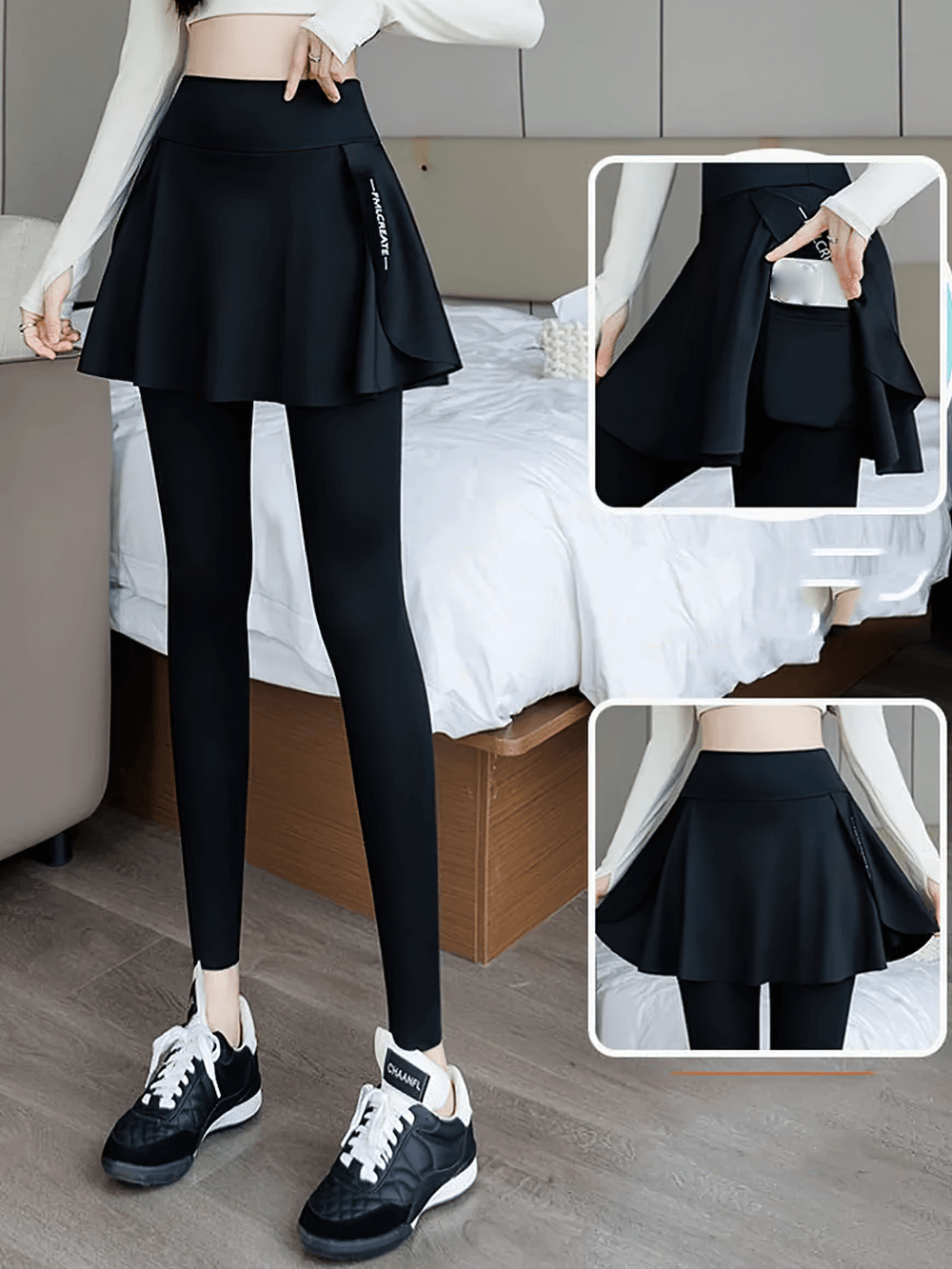 Alt Tag: Female High Waist Yoga Skirt Leggings with Pocket - SF4409 black quick-dry high-waist skirt overlay leggings with pocket