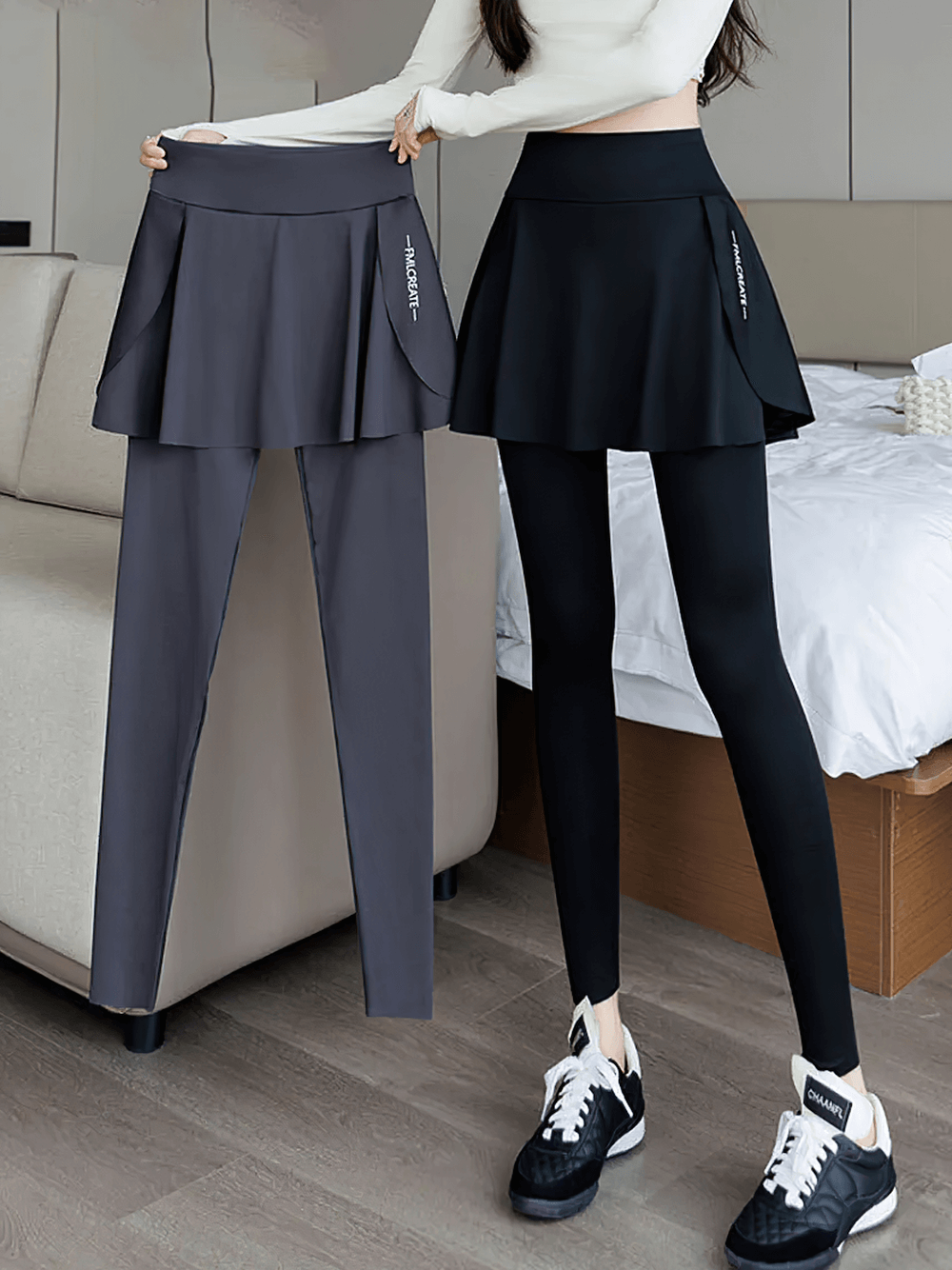 Female High Waist Yoga Skirt Leggings with Pocket - SF4409 quick-dry high-rise skirt overlay leggings with pockets, full-length fit