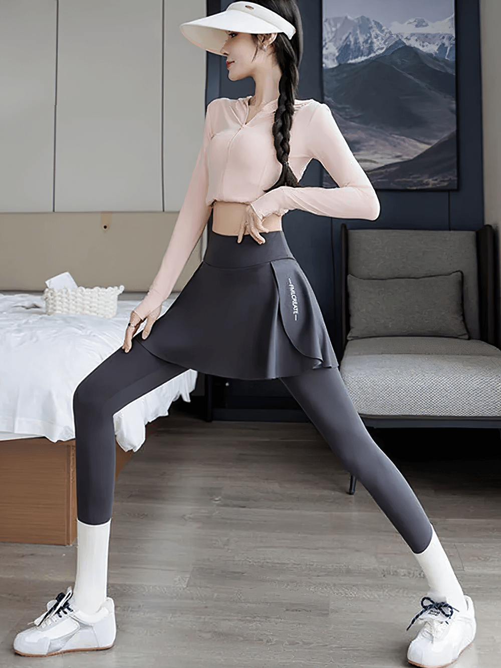 Alt Tag: Female High Waist Yoga Skirt Leggings with Pocket - SF4409 in dark gray, high-rise quick-dry skirted leggings with pockets