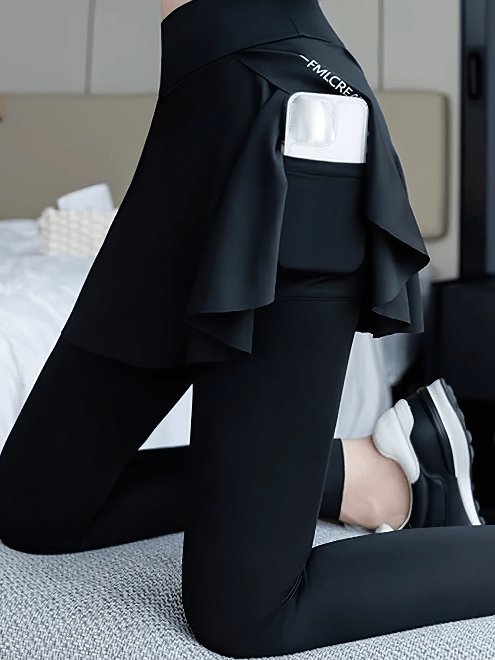 Alt Tag: Female High Waist Yoga Skirt Leggings with Pocket - SF4409 black high-waist quick-dry leggings with skirt overlay and side pocket