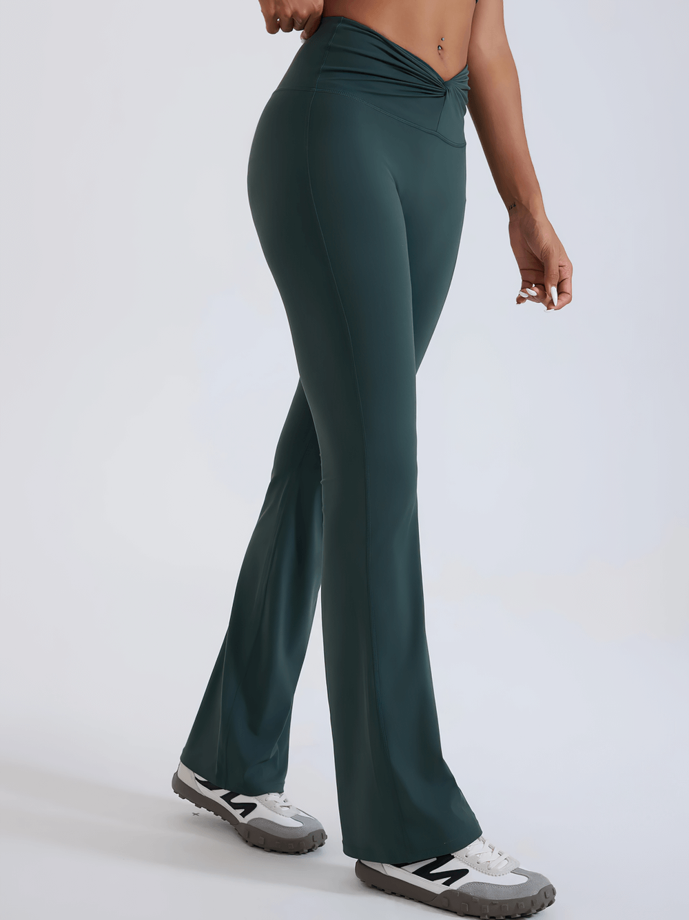 Alt Tag: Female High-Waisted Flared Yoga Pants - SF4286 dark green full-length flared leggings with elastic high waist, side view