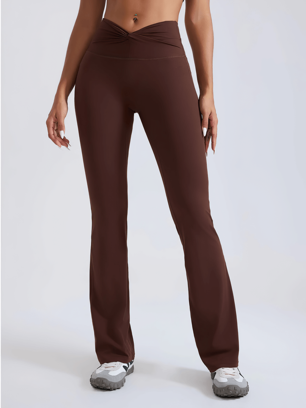 Alt Tag: Female High-Waisted Flared Yoga Pants - SF4286 brown full-length flared leggings with elastic high waist for yoga workouts