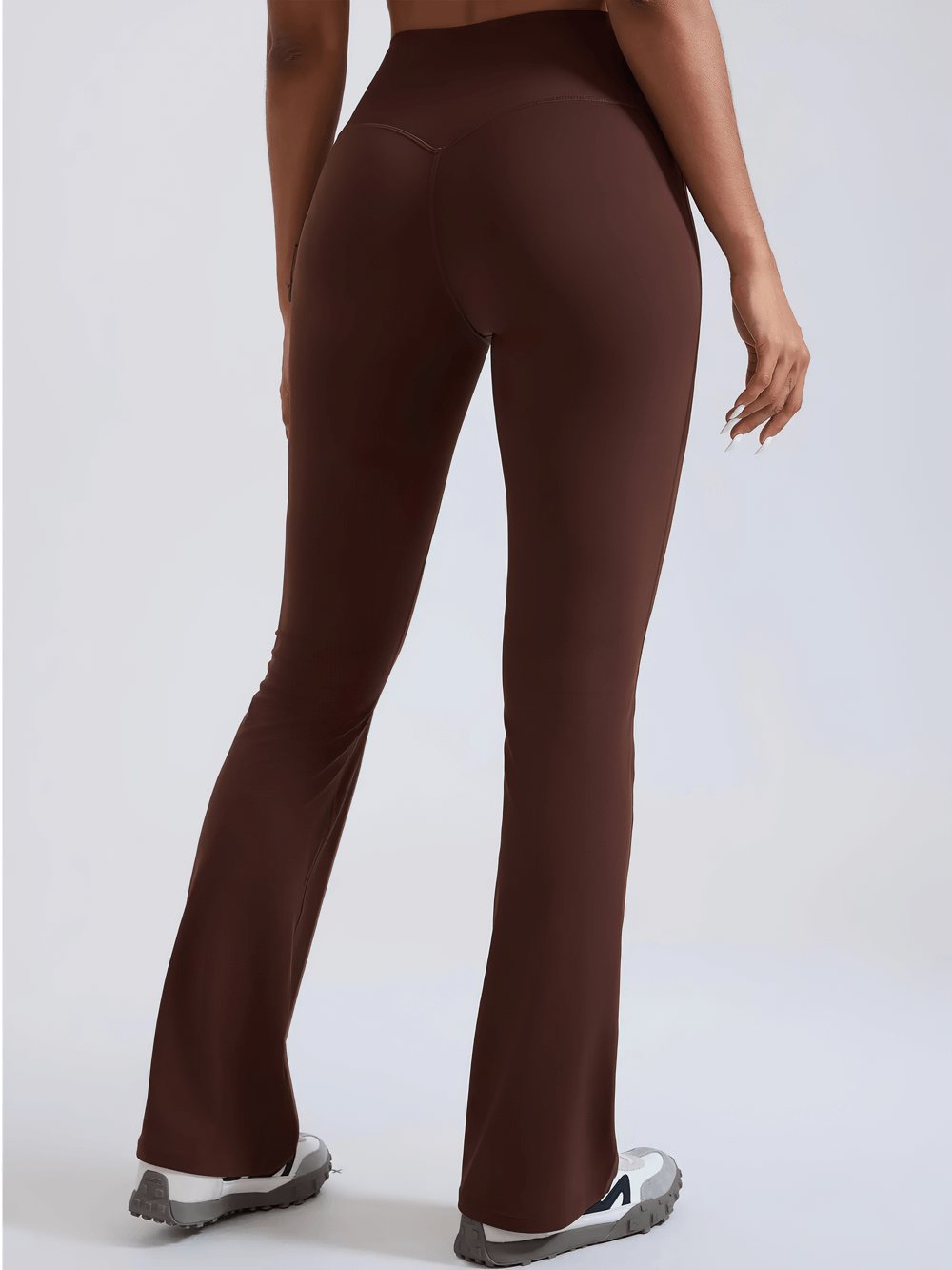 Alt Tag: Female High-Waisted Flared Yoga Pants - SF4286 brown full-length flare leggings back view, high-rise elastic waist yoga wear
