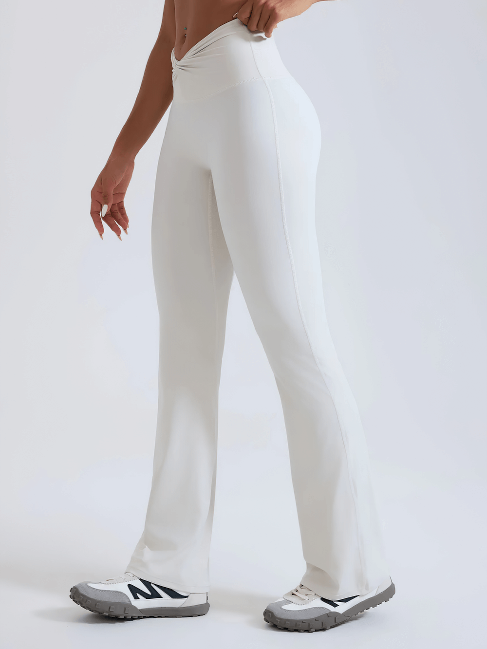 Alt Tag: Female High-Waisted Flared Yoga Pants - SF4286 white full-length flared leggings with elastic high waist for yoga and workouts