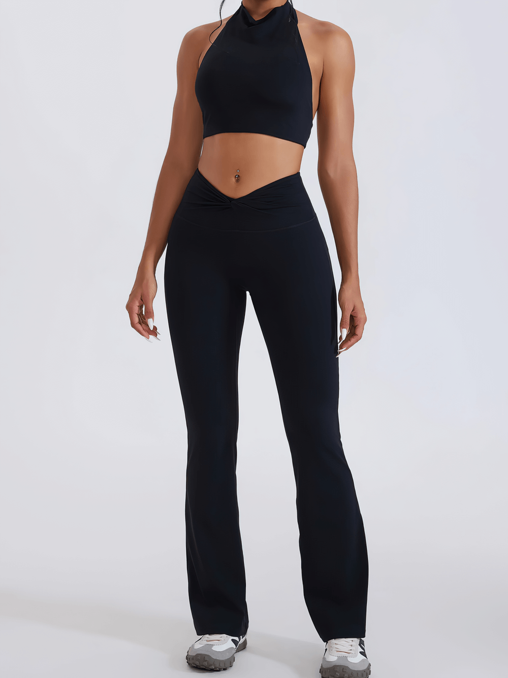Alt Tag: Female High-Waisted Flared Yoga Pants - SF4286 black full-length flared leggings with elastic high waist, comfy stretch for yoga