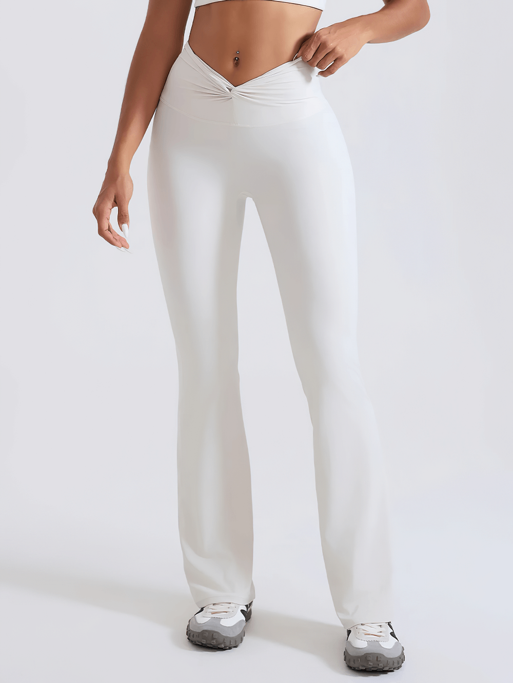 Alt Tag: Female High-Waisted Flared Yoga Pants - SF4286 white full-length flared leggings with elastic high waist for yoga workouts