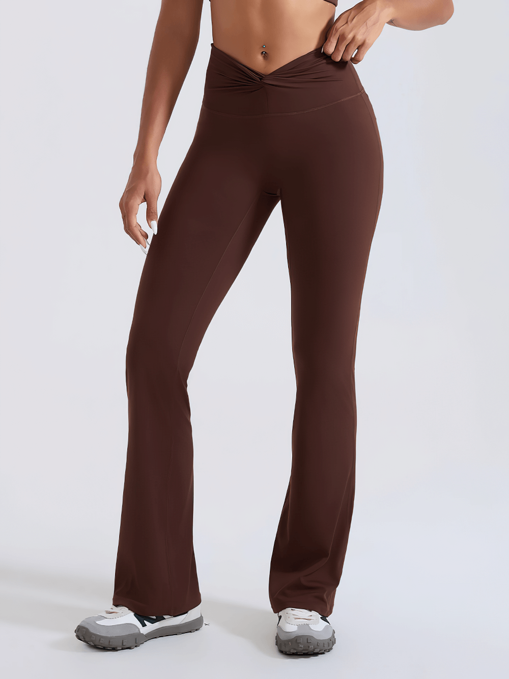 Alt Tag: Female High-Waisted Flared Yoga Pants - SF4286 brown full-length flared nylon-spandex leggings with elastic high waist