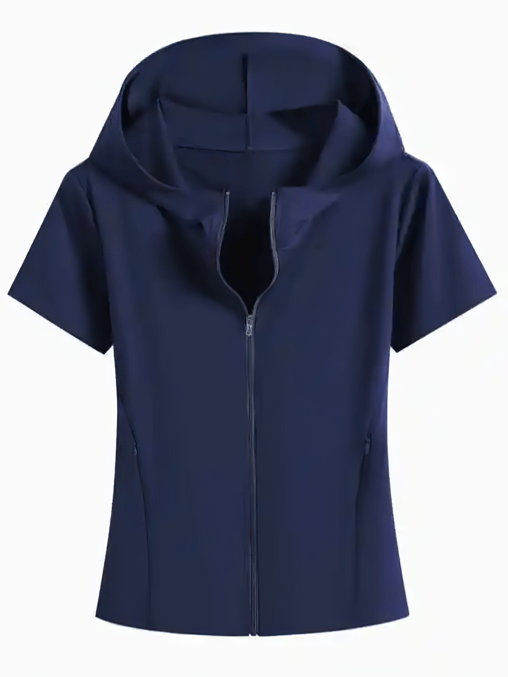 Alt Tag: Female Hooded Short Sleeves Running Zip-Up Jacket - SF4475 navy short-sleeve hooded quick-dry zip jacket with pockets