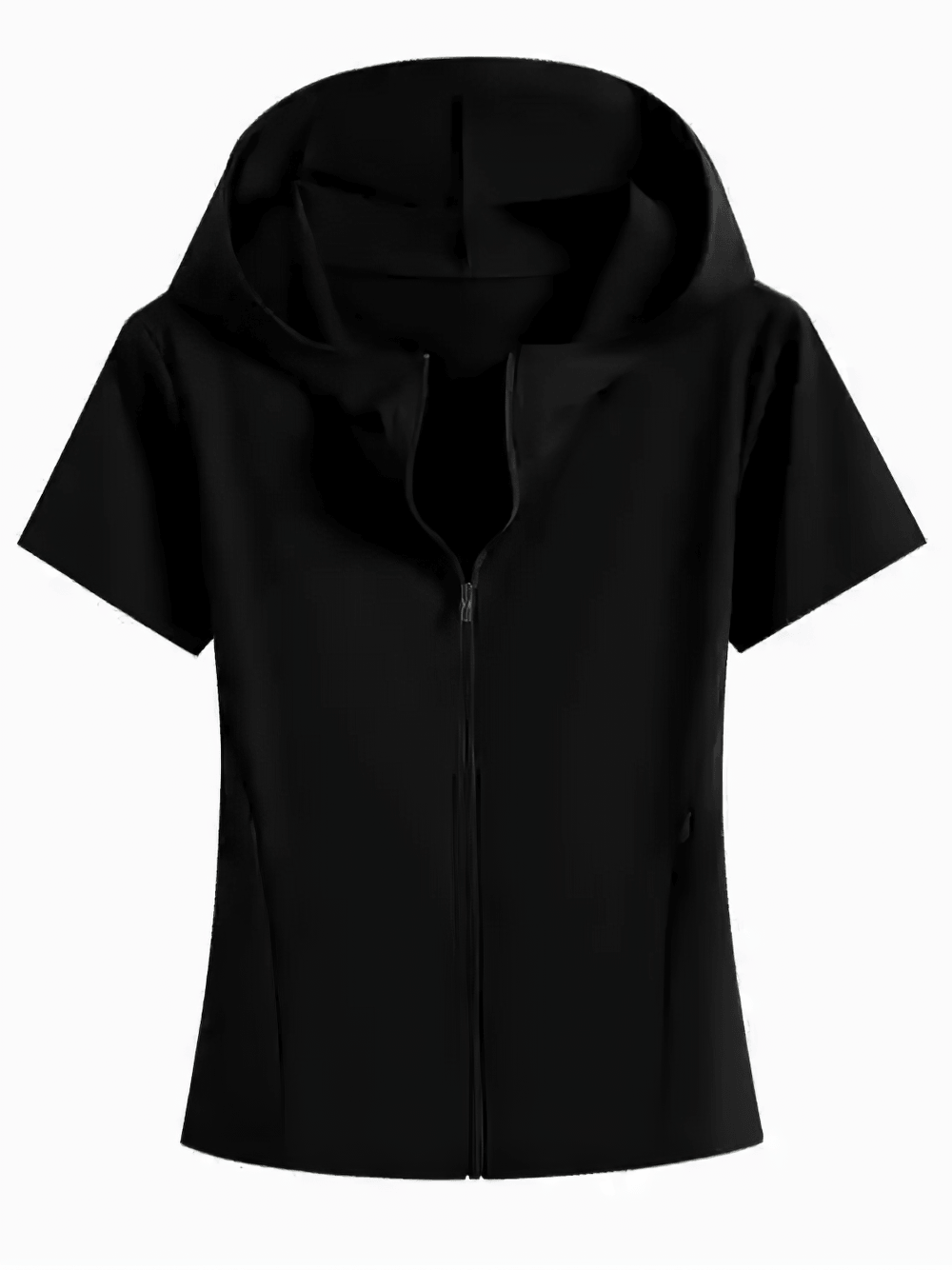 Alt Tag: Female Hooded Short Sleeves Running Zip-Up Jacket - SF4475 black quick-dry short sleeve hooded zip jacket with pockets