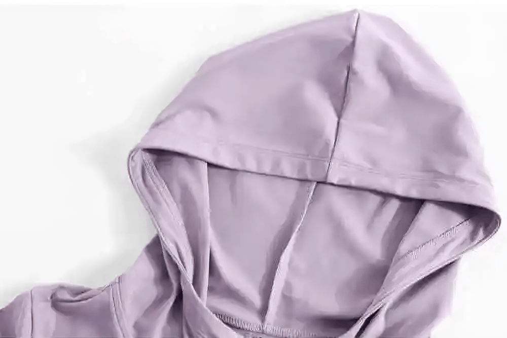 Alt Tag: Female Hooded Short Sleeves Running Zip-Up Jacket - SF4475 lavender hood detail, quick-dry breathable women’s running jacket