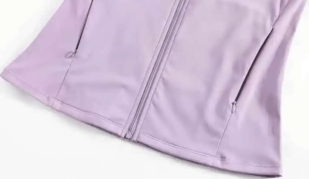 Alt Tag: Female Hooded Short Sleeves Running Zip-Up Jacket - SF4475 lavender quick-dry zip front with side pocket zippers