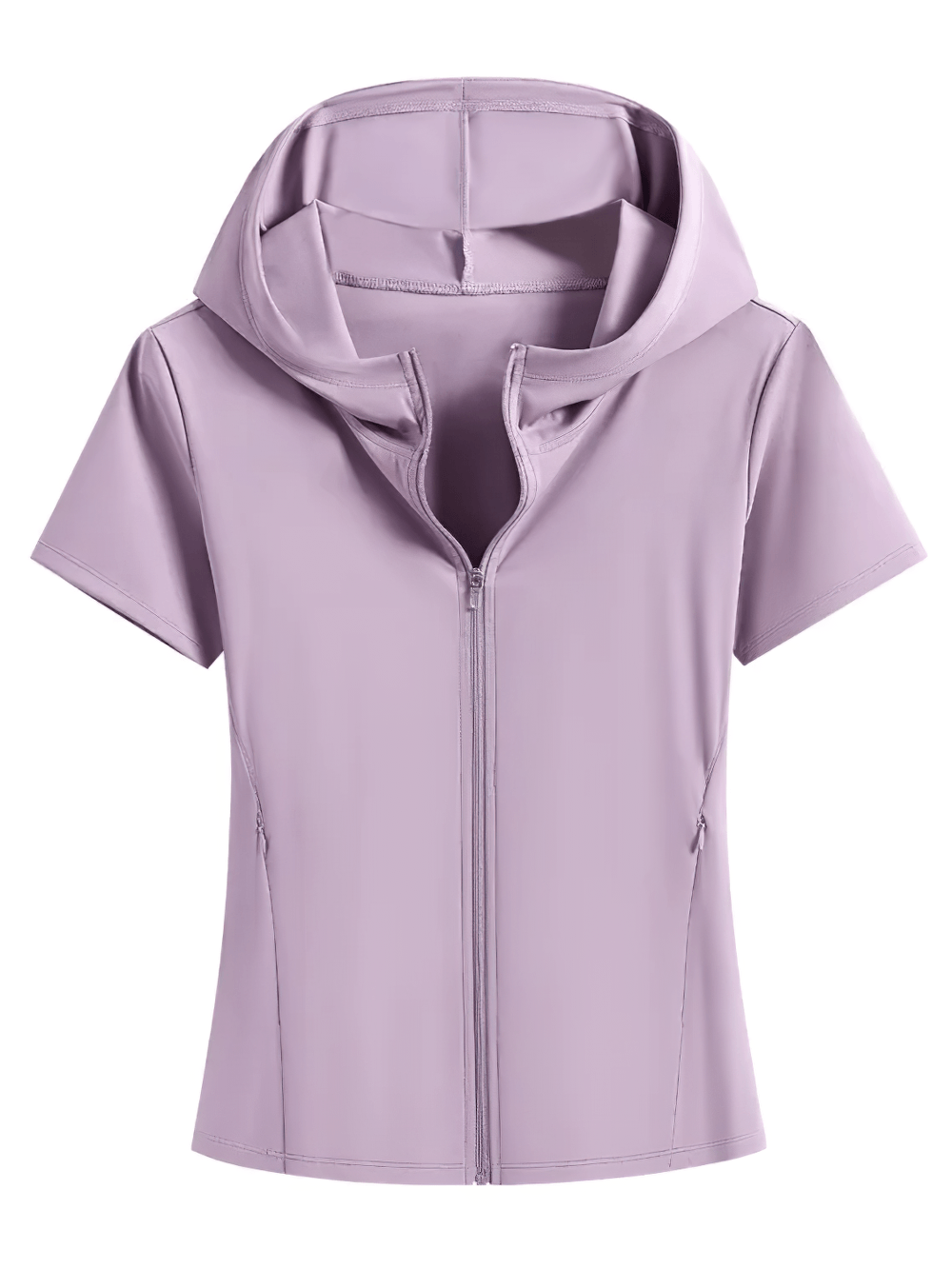 Alt Tag: Female Hooded Short Sleeves Running Zip-Up Jacket - SF4475, women’s quick-dry short sleeve hooded zip jacket with pockets in lavender