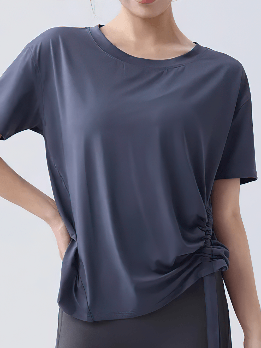 Alt Tag: Female Lightweight Loose Breathable Yoga T-Shirt - SF4444 women’s short sleeve loose fit top with ruched side drawstring, breathable