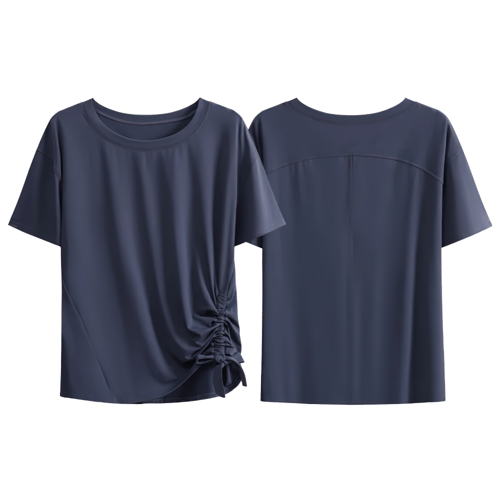 Alt Tag: Female Lightweight Loose Breathable Yoga T-Shirt - SF4444 front and back view, navy short sleeve loose fit with ruched side drawstring