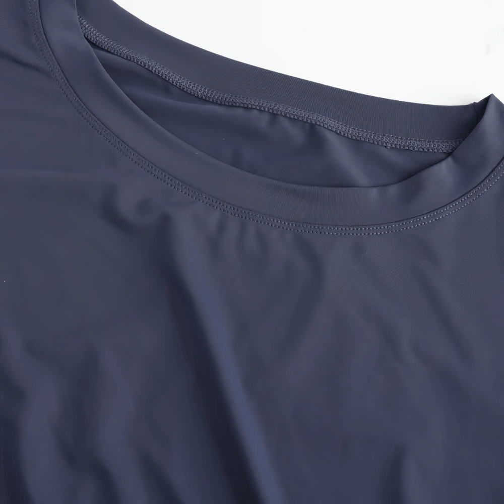 Alt Tag: Female Lightweight Loose Breathable Yoga T-Shirt - SF4444 close-up of smooth lightweight fabric and neckline stitching, breathable short-sleeve active top