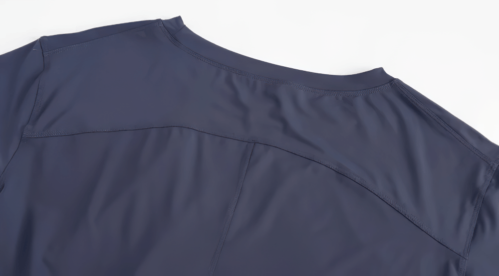 Alt Tag: Female Lightweight Loose Breathable Yoga T-Shirt - SF4444 navy short-sleeve top close-up, smooth lightweight breathable fabric and stitching detail