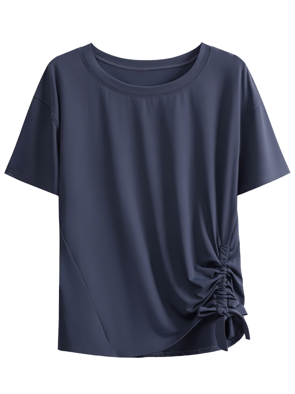 Alt Tag: Female Lightweight Loose Breathable Yoga T-Shirt - SF4444 navy short-sleeve top with side ruched drawstring, smooth lightweight breathable fit