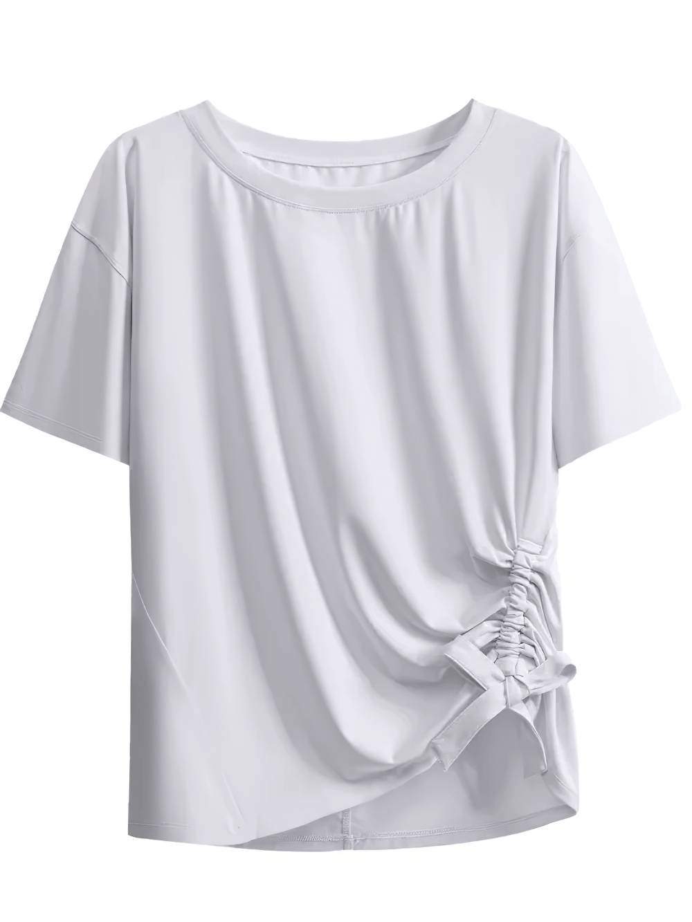 Alt Tag: Female Lightweight Loose Breathable Yoga T-Shirt - SF4444 white short-sleeve loose fit top with side ruched drawstring, lightweight breathable