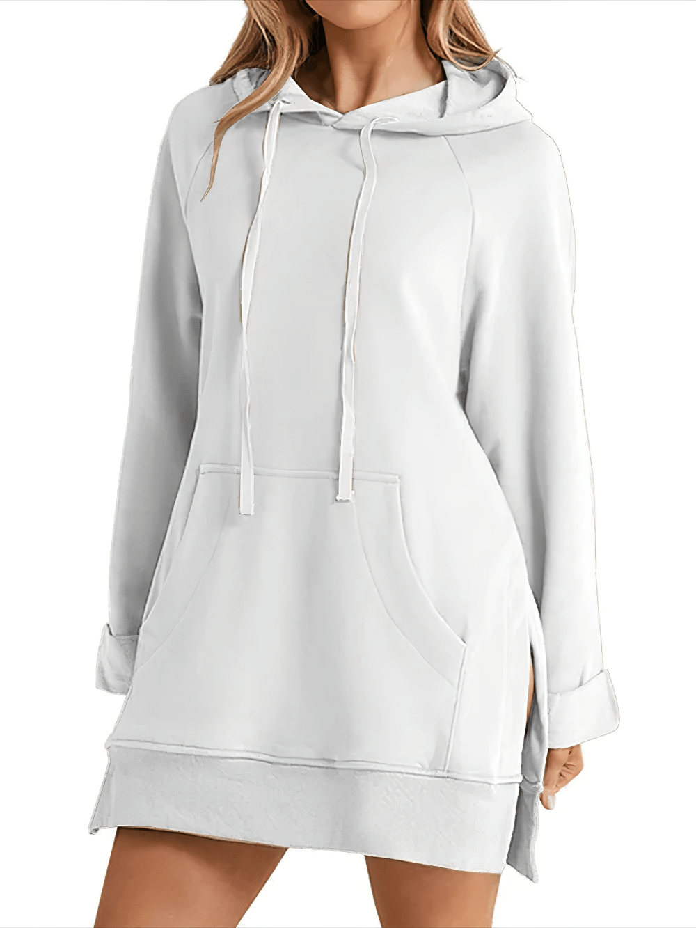 Alt Tag: Female Long Loose Hooded Sporty Hoodie with Pockets - SF4524 white long loose hoodie with kangaroo pocket, side slit hem