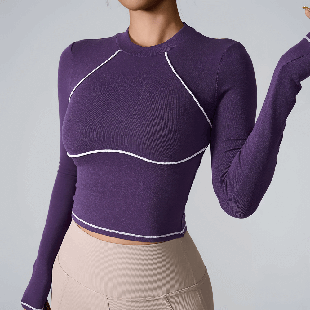 Alt Tag: Female Long Sleeve Compression Yoga Crop Top - SF4385 purple long sleeve quick-dry compression crop top for yoga training