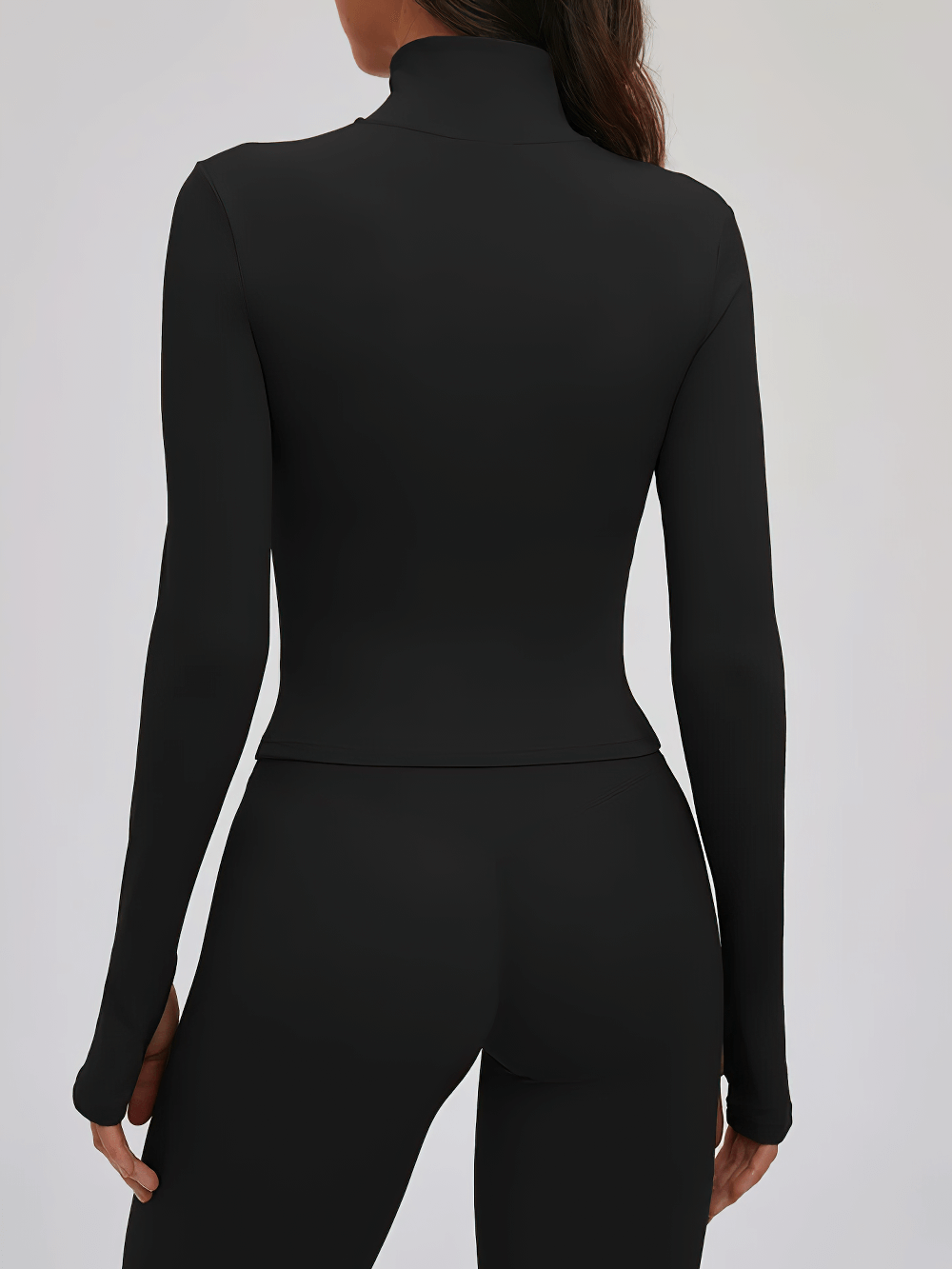 Back view of sleek Female Long Sleeve Jacket for Sports and Fitness - SF4080 in black, highlighting full sleeves and stretchy fit.
